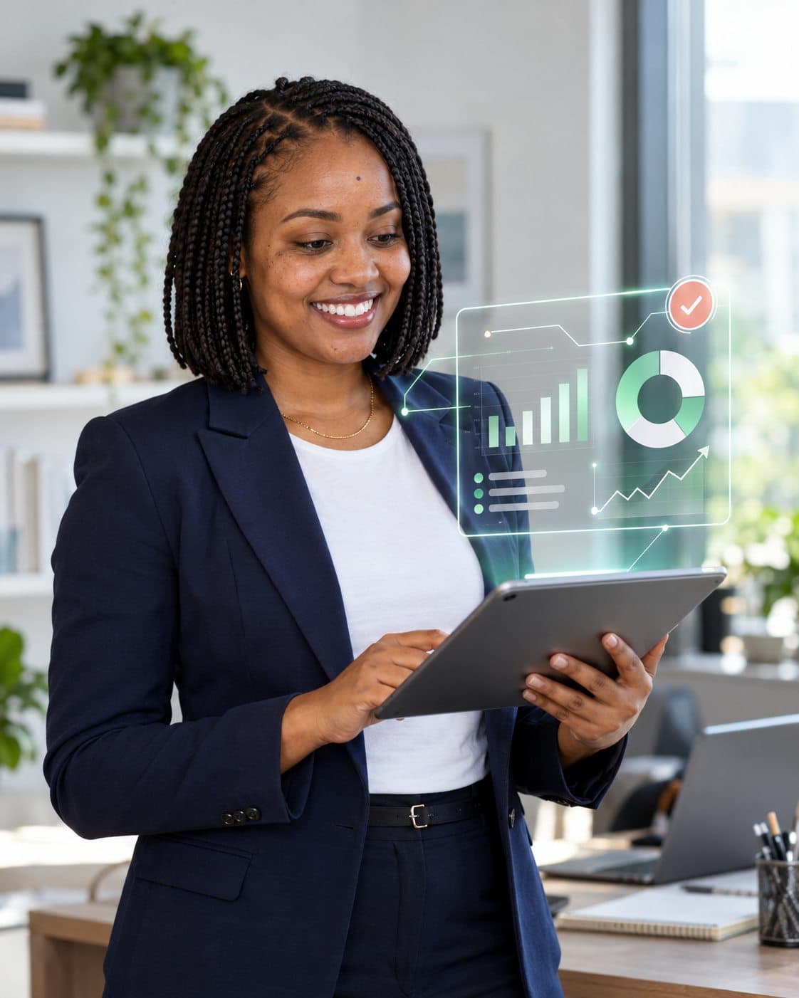 A Zypria executive assistant reviewing reports on her tablet
