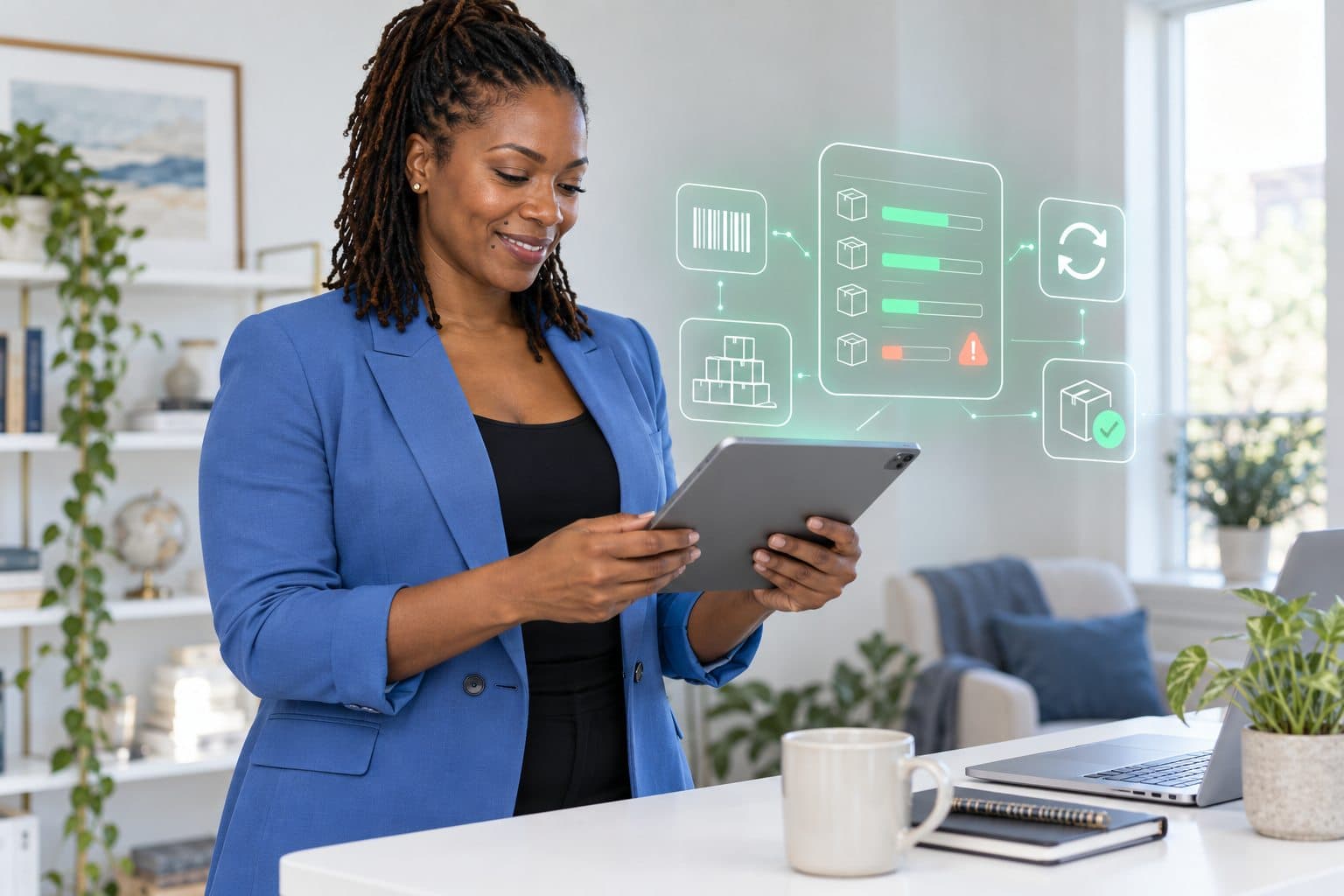 A virtual assistant working on a laptop with a cup of coffee